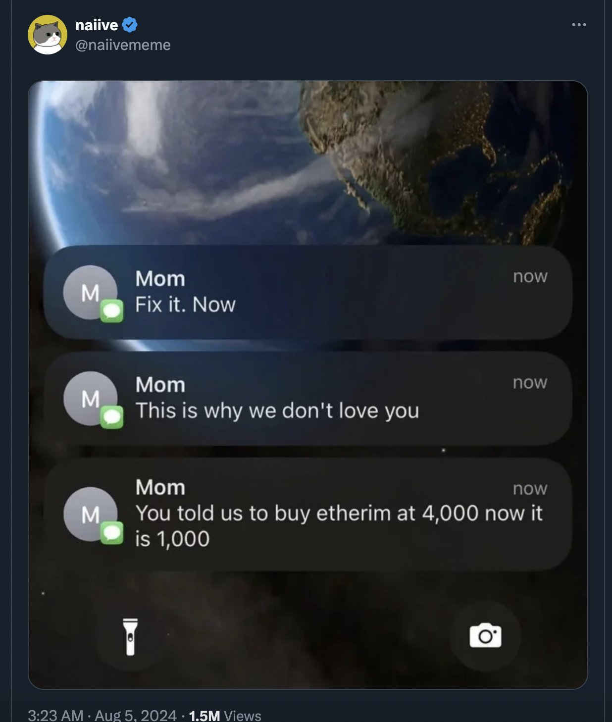 screenshot - naiive Mom M Fix it. Now Mom M This is why we don't love you now now Mom now M You told us to buy etherim at 4,000 now it is 1,000 1.5M Views